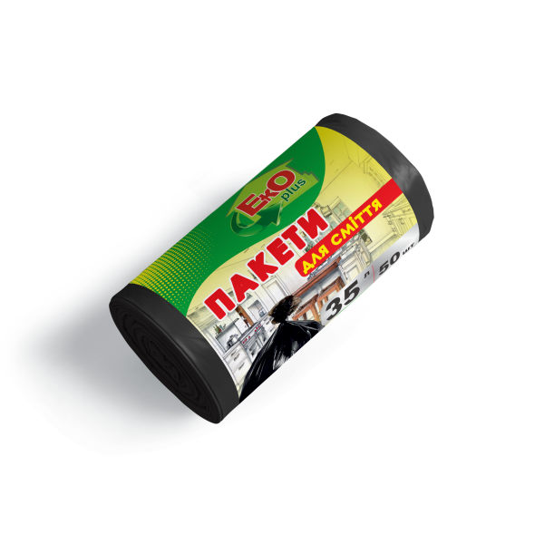 Пакети для сміття  35*50 Чорні
(45х55*8 вес 0,19кг)