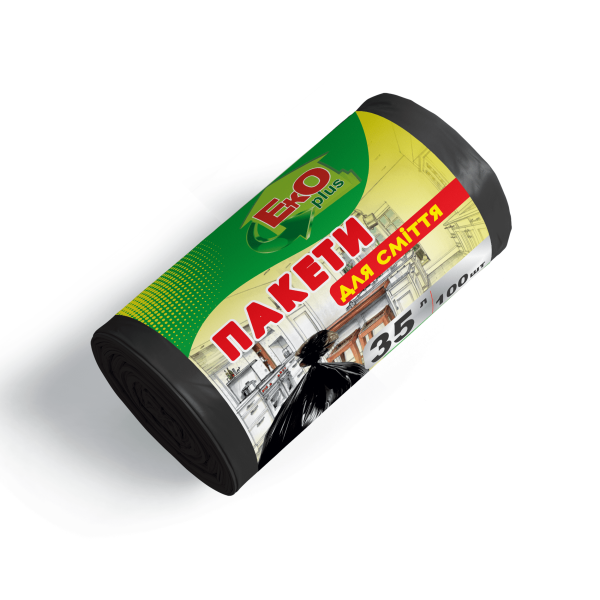 Пакети для сміття  35*100 Чорні
(45х55*8 вес 0,375кг)