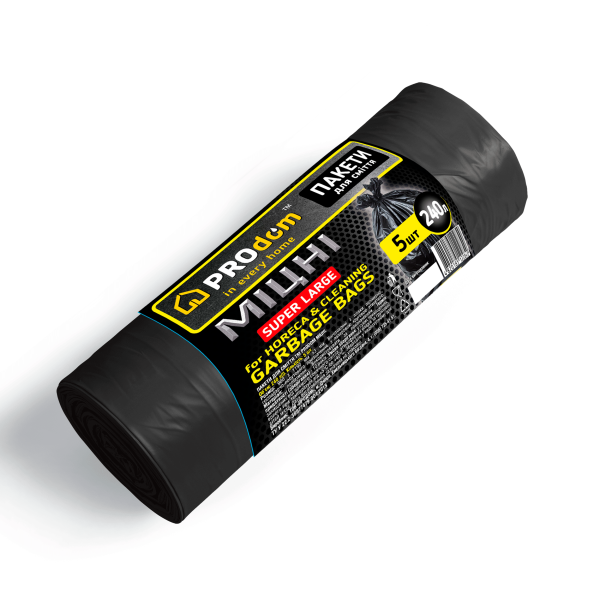 Пакети для сміття ТМ "Продом" МІЦНІ  
(чорні міцні , 98*119*35 мкм, вага 0,389) 
240л 5шт Пакети для сміття ТМ "Продом" МІЦНІ  
(чорні міцні , 98*119*35 мкм, вага 0,389) 
240л 5шт