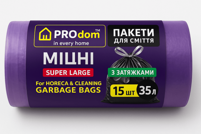 Пакети для сміття ТМ "Продом" МІЦНІ с зав'язками  (фіолет міцні , 49*55*12 мкм, вага0,145 кг) 35л 15шт